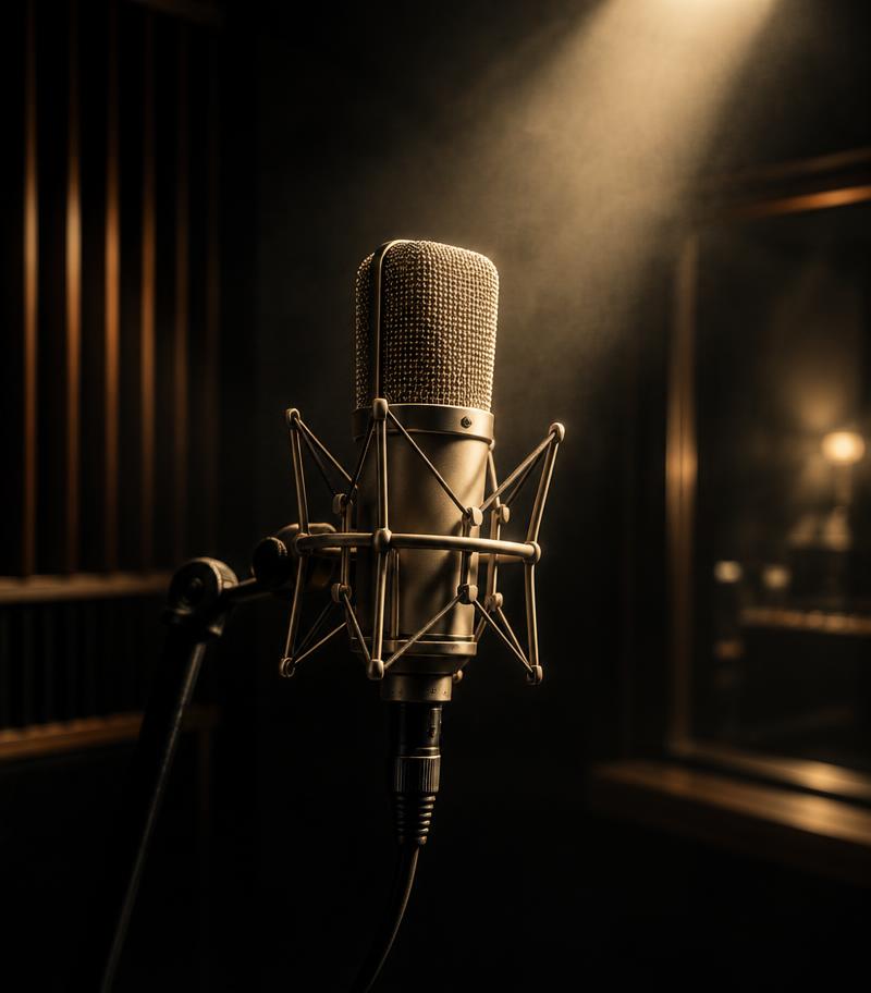 Vintage studio microphone under a warm spotlight